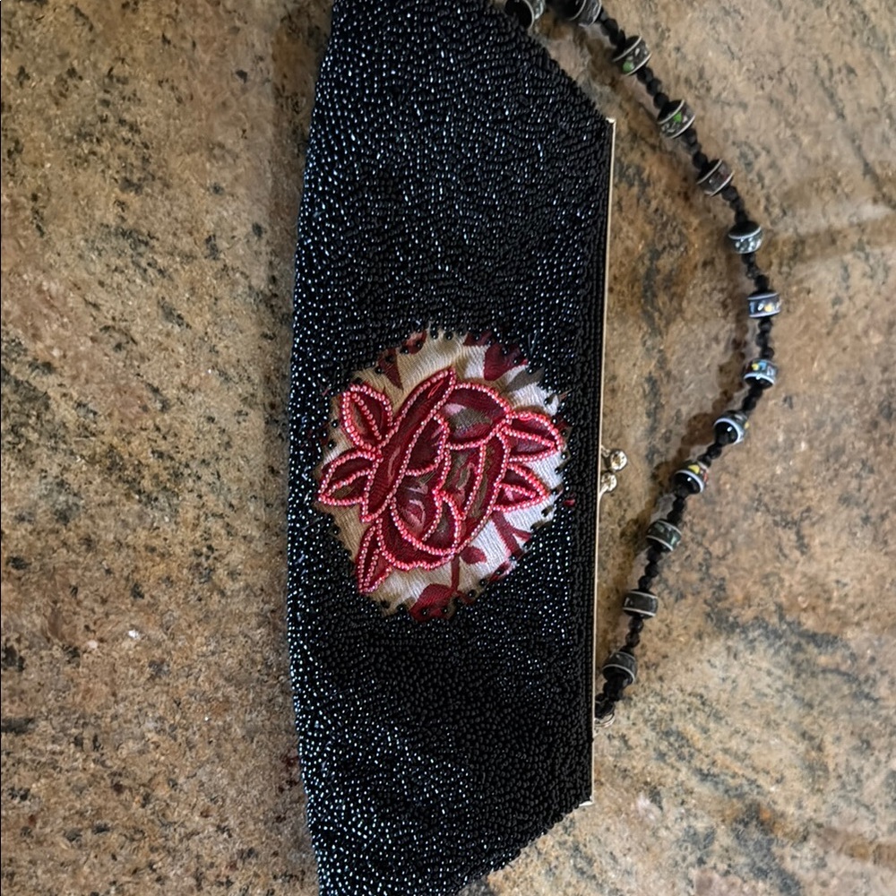 Black Beaded Clutch with Floral Design